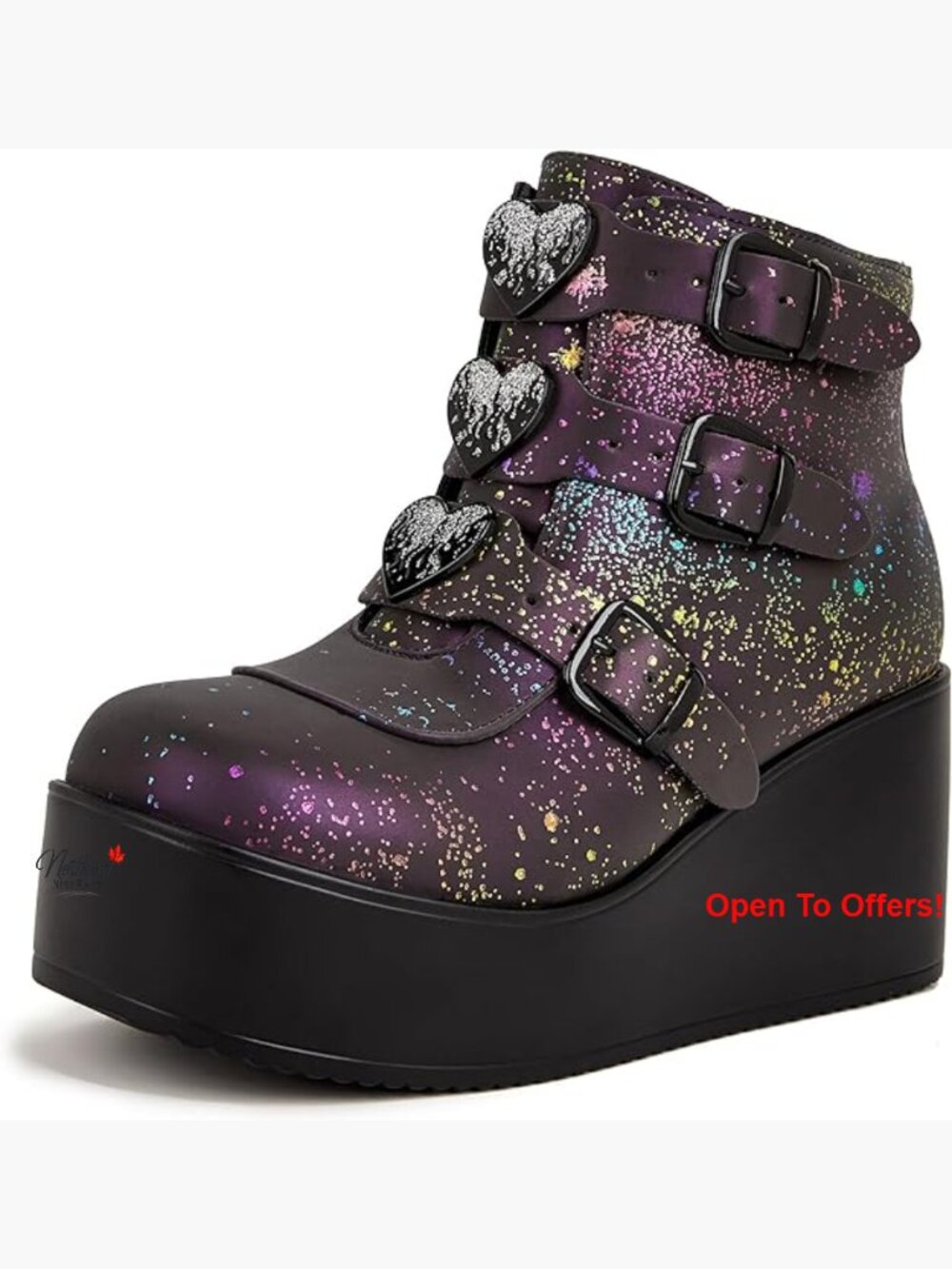 Platform Wedge Ankle Boots with Buckle and Zipper Details